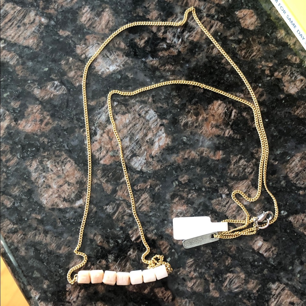 Gold tone long Chain Necklace with light pink and pearl toned Bead Bar